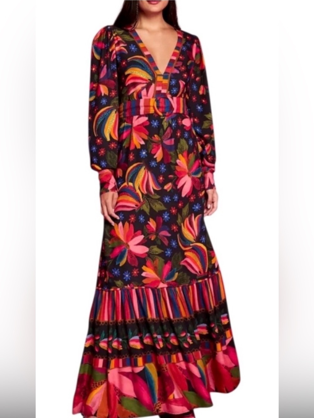 FARM Rio Black Maxi Dress with Pink, Red and Green Floral Print